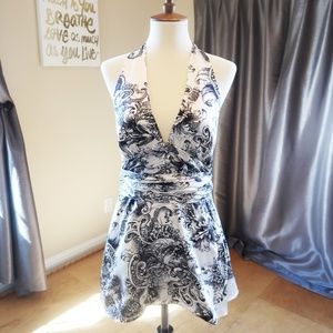 BCBG Satin Black & white paisley halter top